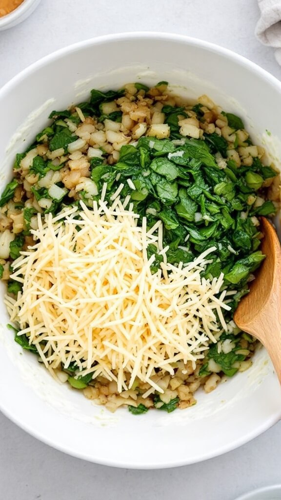 Wooden spoon stirring ricotta cheese, sautéed onions, spinach, and shredded cheese in a large white ceramic bowl
