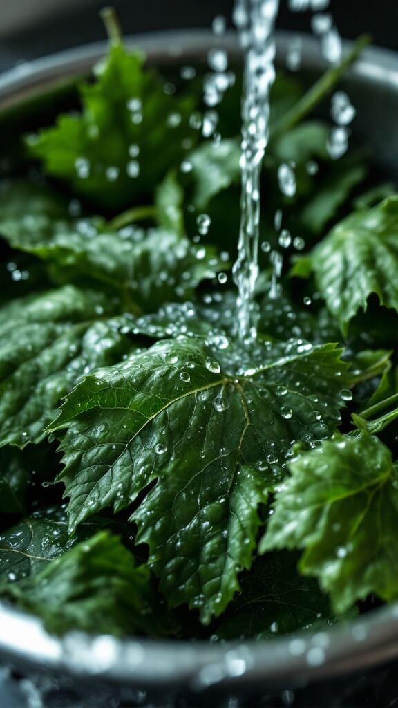 Stuffed Grape Leaves (Dolmas) Recipe 3 Grape leaves being rinsed in a colander under running water, showing water droplets on their dark green, veined texture