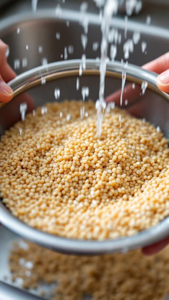 Quinoa Stuffed Peppers (Vegetarian &Amp; Gluten-Free) 4 Hands rinsing quinoa under tap water in a mesh strainer over a stainless steel sink