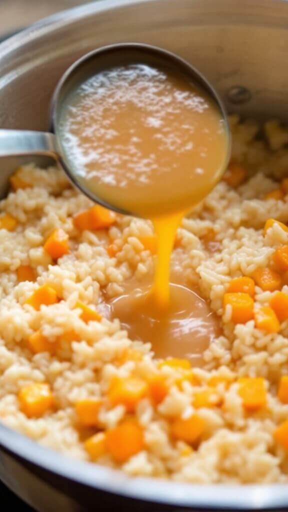 Ladle pouring hot broth into creamy risotto with visible starch and chunks of butternut squash