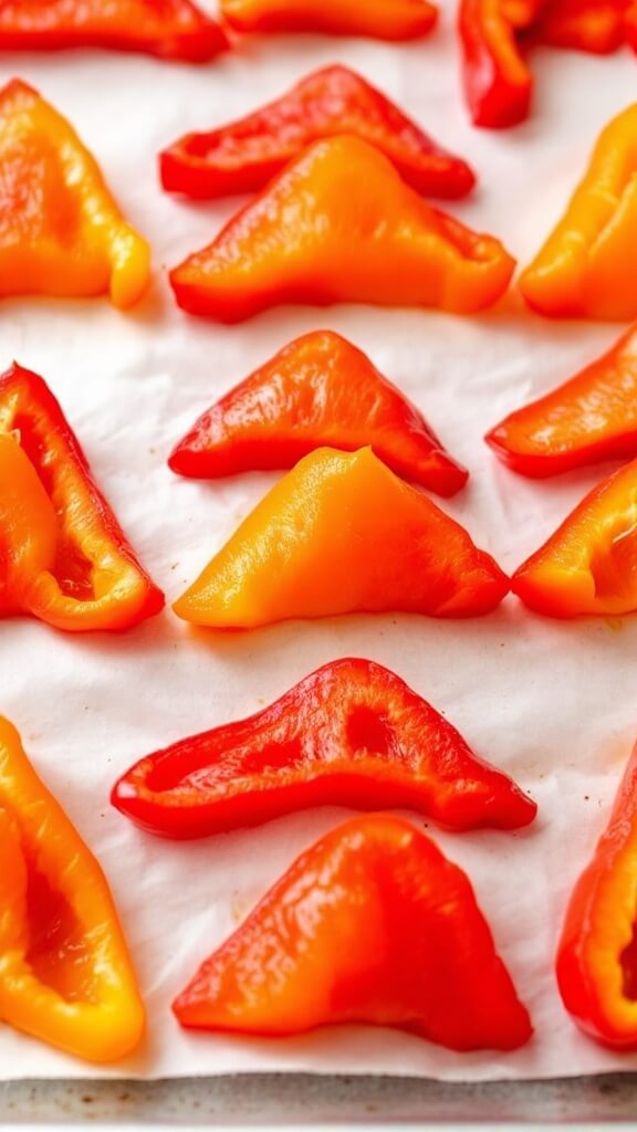 Crispy Bell Pepper Nachos (Keto-Friendly, Gluten-Free) 4 Bell pepper triangles neatly arranged on a parchment-lined baking sheet