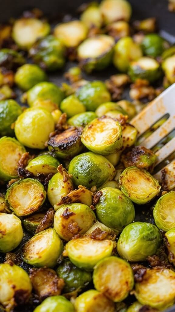 Perfect Roasted Brussels Sprouts 7 Half-roasted brussels sprouts showing early caramelization, being stirred with a spatula at 425°f