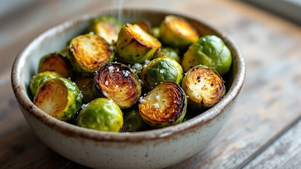 Perfect Roasted Brussels Sprouts 2 "close-up image of roasted brussels sprouts in a rustic bowl, showcasing caramelized edges and vibrant green centers, with a sprinkle of sea salt and black pepper, against a wooden table background. "