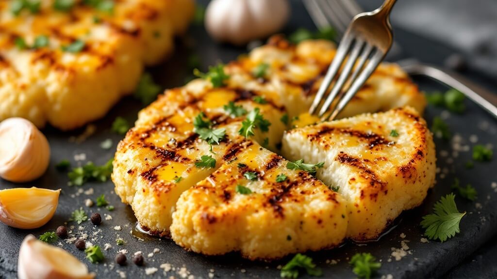 "crispy golden-brown parmesan crusted cauliflower steaks with grill marks, garnished with parsley and olive oil, on a dark slate board with a fork, garlic cloves, and cracked black pepper"