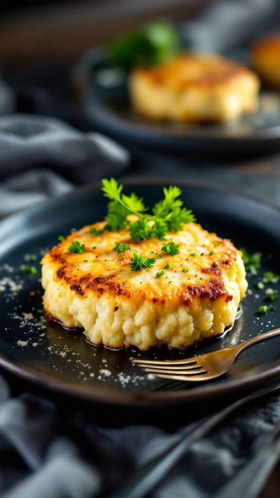 Cauliflower steak with melted parmesan crust and parsley garnish on a dark ceramic plate under soft lighting