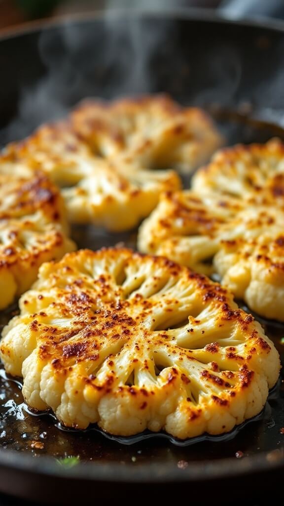 Chef's knife slicing a large white cauliflower on wooden board, revealing its dense internal structure