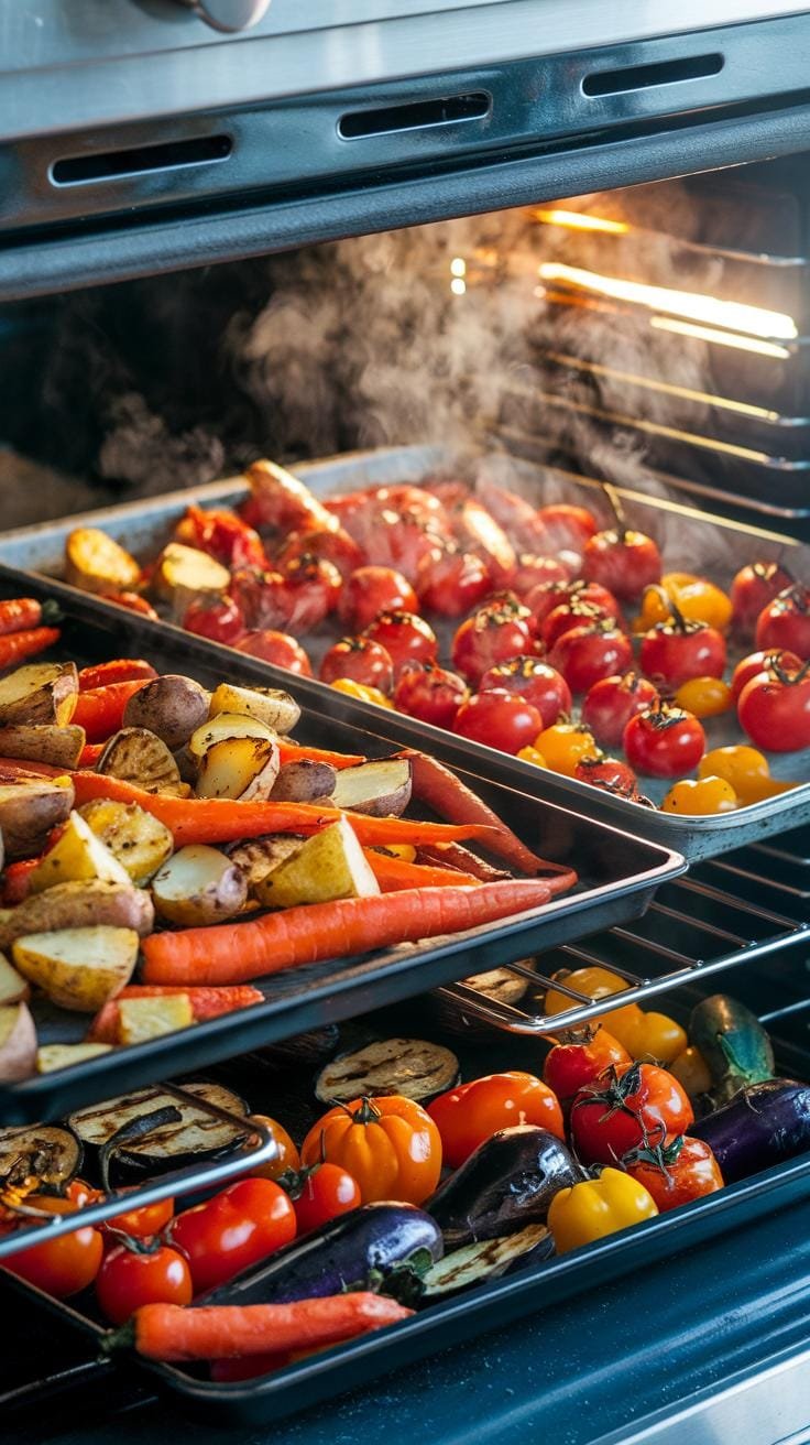 Steam escaping from an open oven, revealing trays of roasted vegetables with golden caramelized edges and slightly charred bits.
