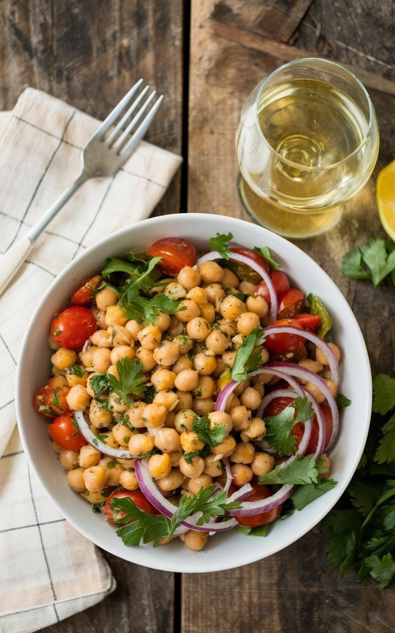 Overhead view of a roasted chickpea salad with mixed greens, cherry tomatoes, cucumbers, and a light dressing.