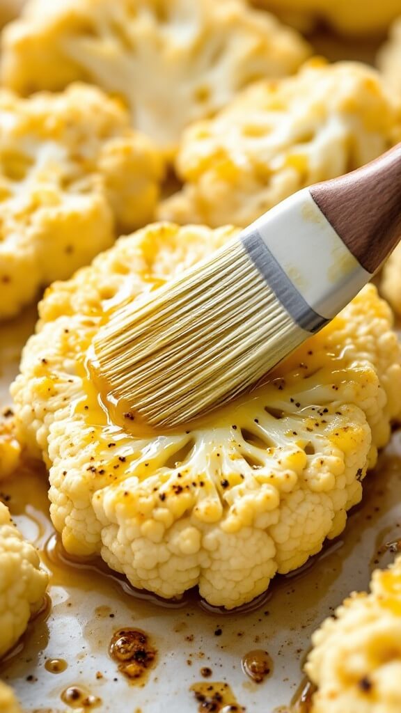 Close-up of seasoned oil being brushed on thick cauliflower steaks