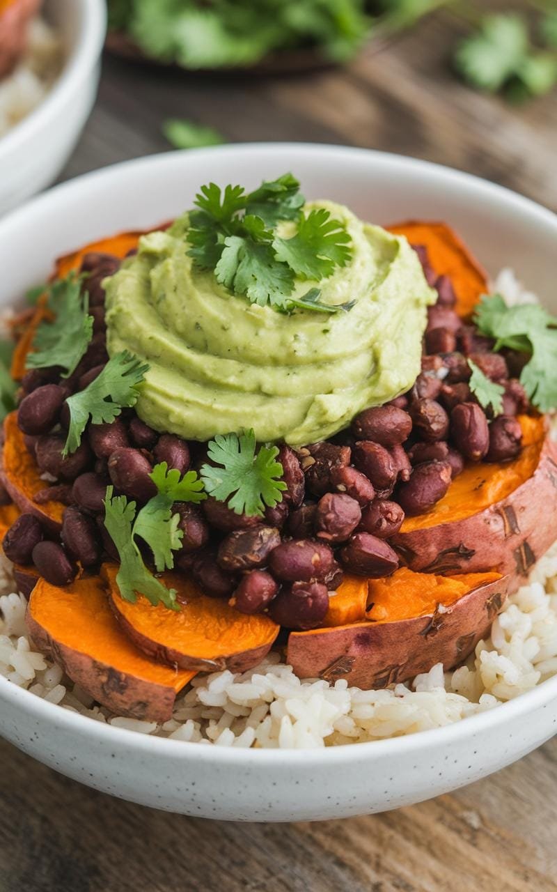 A bowl artfully composed of roasted sweet potatoes, black beans, and rice, topped with green avocado sauce and fresh cilantro.