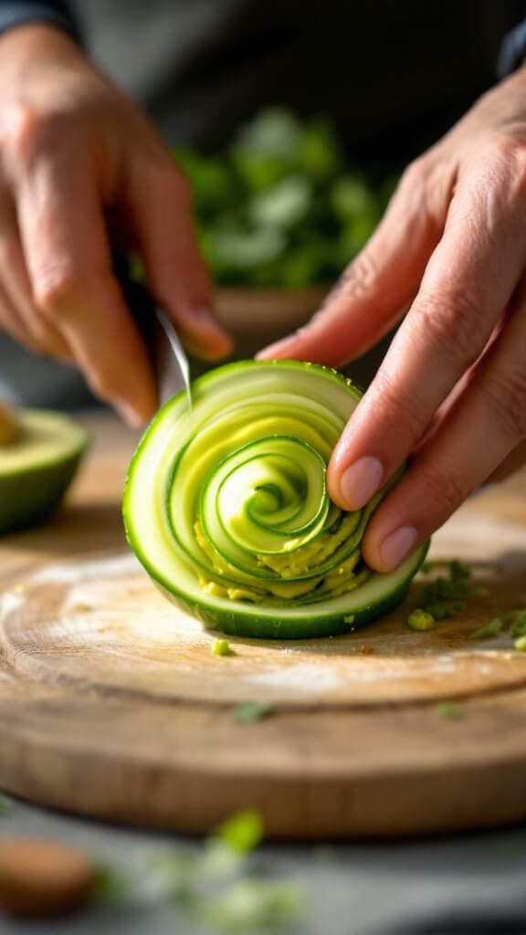 Hands skillfully rolling an avocado-filled cucumber strip into a tight spiral under natural light, accentuating the translucent layers of the cucumber