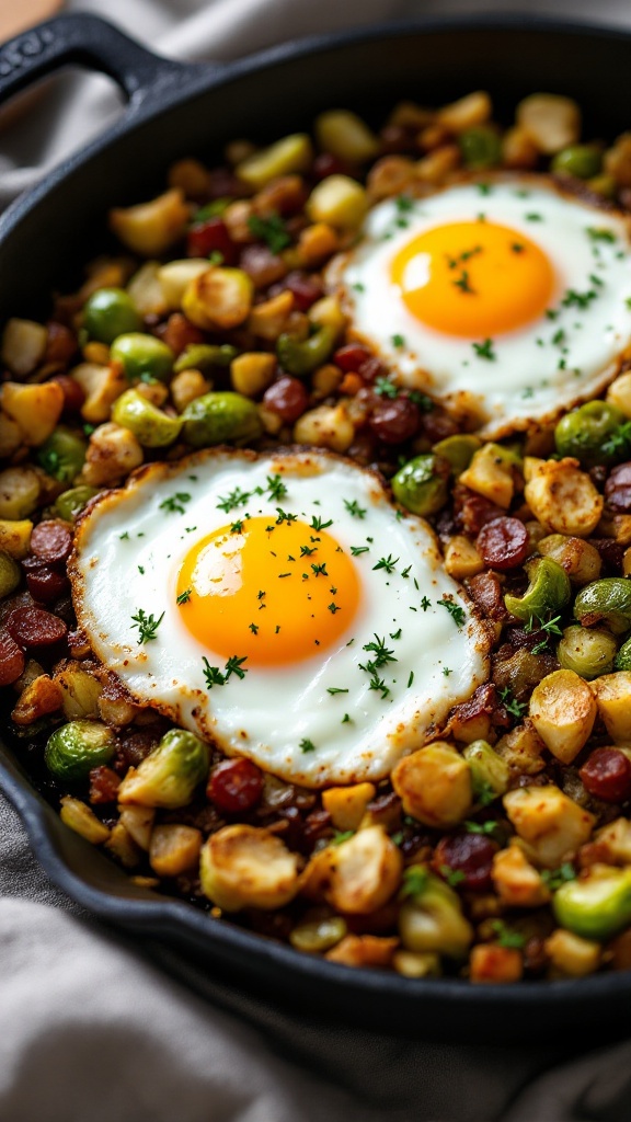 Brussels Sprout Hash 9 Rustic hash with caramelized sprouts, crispy edges, cooked eggs and fresh thyme in a cast iron skillet under warm lighting