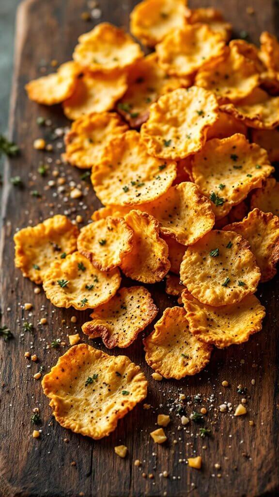 Crispy Cheese Crisps (4 Easy Methods) - Ready In Minutes! 9 Cheese crisps with varying shades of golden color on a rustic wood board, sprinkled with herbs and cracked pepper.