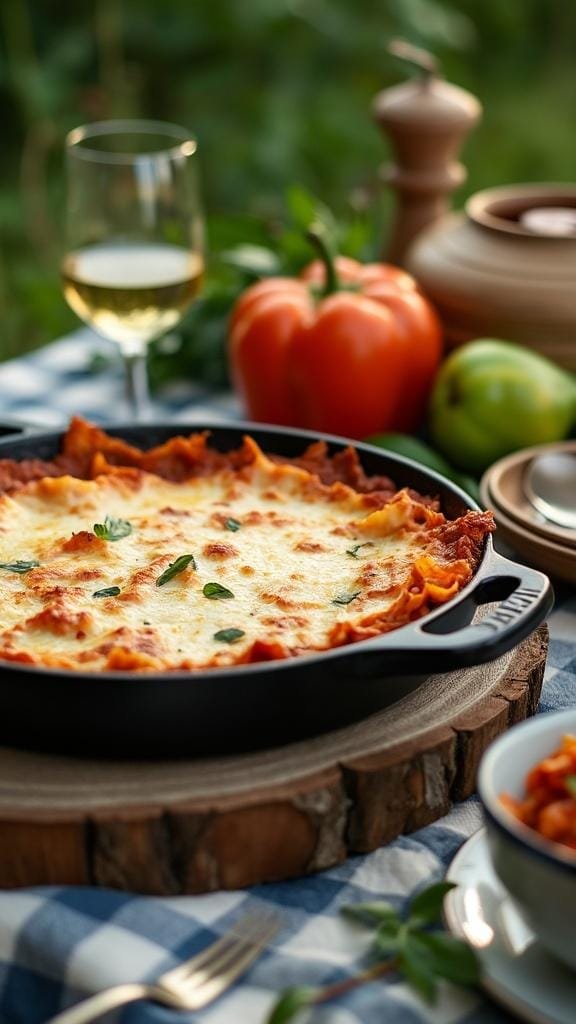 Gluten-Free, Dairy-Free Lasagna: A Comforting Classic Reimagined 3 A rustic outdoor picnic features a large pan of gluten-free, dairy-free lasagna placed on a wooden table, surrounded by trees and greenery.