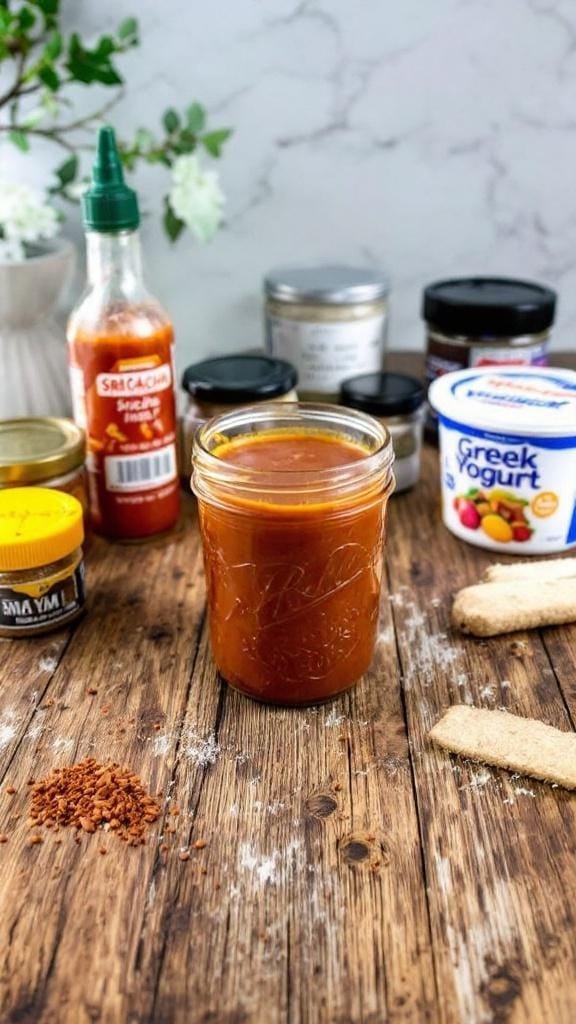Healthy Yum Yum Sauce: A Guilt-Free Twist On A Classic 8 A rustic wooden table displaying spice jars, a bottle of sriracha, a container of greek yogurt, and a mason jar filled with homemade yum yum sauce.