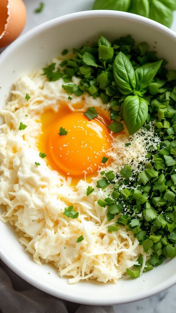 Rustic bowl with cheese mixture of ricotta, mozzarella, parmesan, chopped basil, and a cracked egg