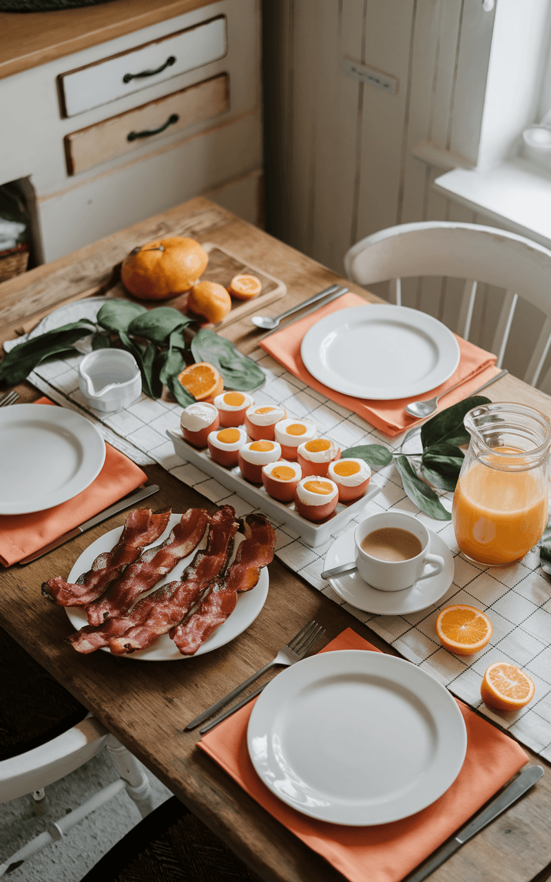 Overhead view of a wooden table with bacon and egg cups, a cup of coffee, and a glass of orange juice.