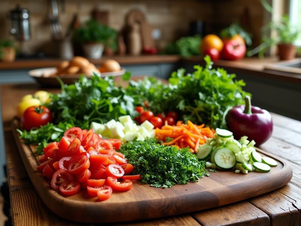 Rustic farmhouse kitchen countertop with fresh vegetables and ingredients for taco bowls.
