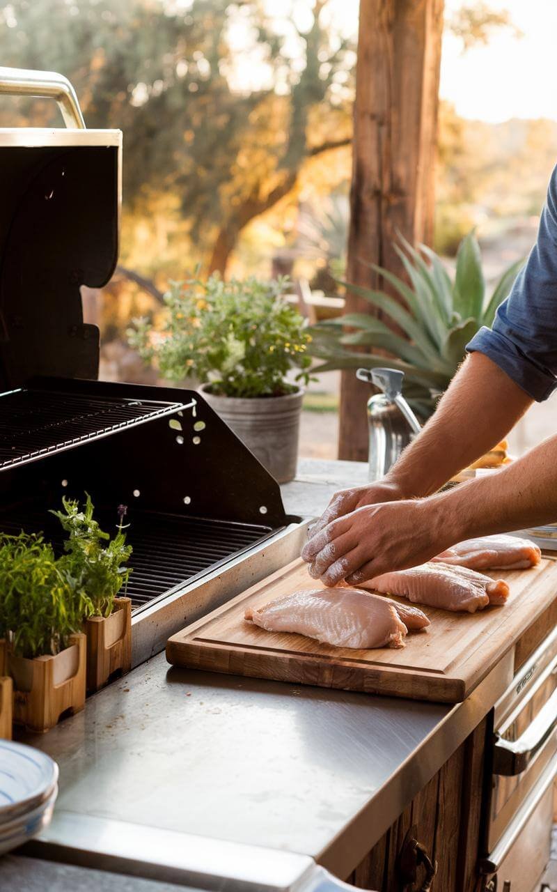 Hands preparing to pound chicken breasts in a rustic outdoor kitchen with built-in grill, wooden cutting board, and small pots of fresh herbs