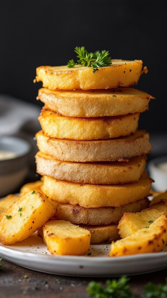 Crispy Rutabaga Fries (Keto-Friendly, Low-Carb) 9 Artistically stacked rutabaga fries on a white plate, showing crispy exterior and tender interior