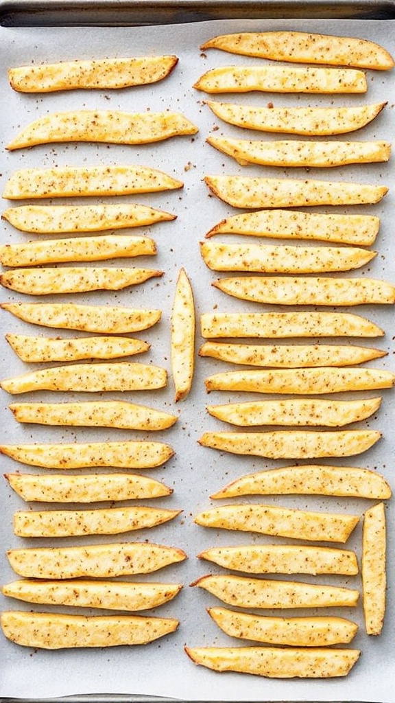 Crispy Rutabaga Fries (Keto-Friendly, Low-Carb) 6 Seasoned rutabaga fries arranged evenly on a parchment-lined baking sheet before baking