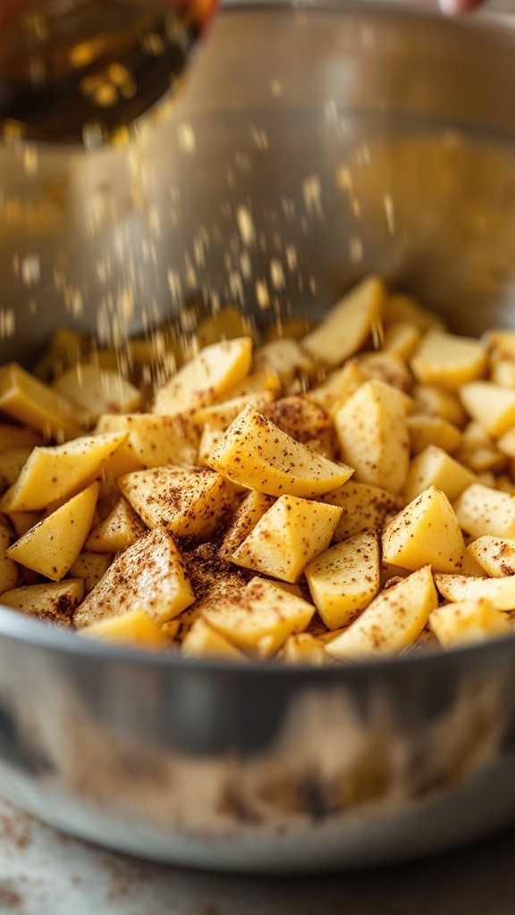 Crispy Rutabaga Fries (Keto-Friendly, Low-Carb) 5 Rutabaga fries being tossed in a stainless steel bowl with olive oil and seasonings, with visible spices coating the vegetables in motion