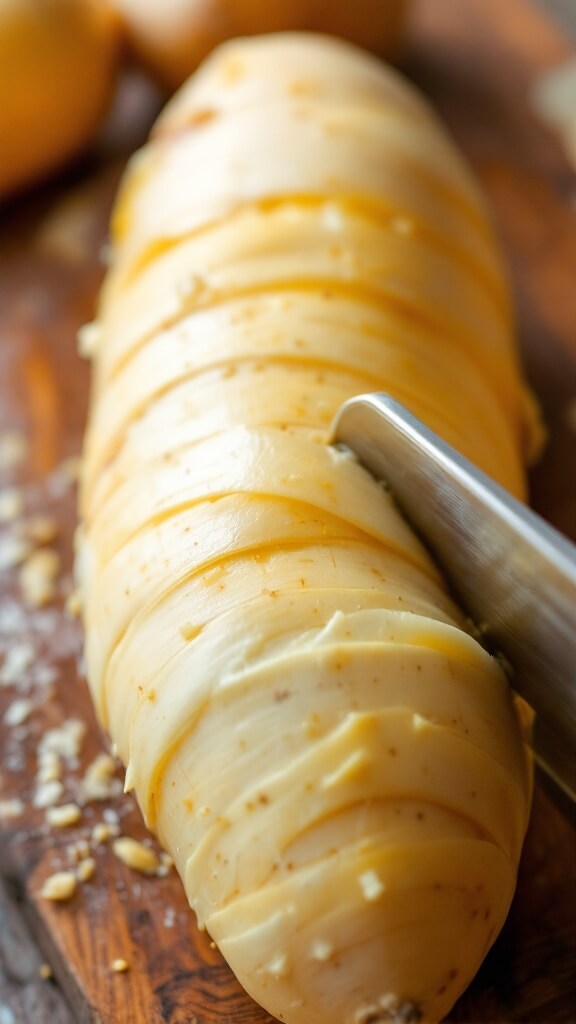Crispy Rutabaga Fries (Keto-Friendly, Low-Carb) 3 Close-up of a raw rutabaga being peeled on a wooden board, highlighting the contrast between peeled and unpeeled portions under side natural lighting