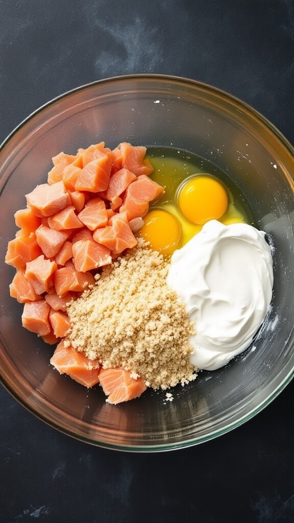 Aerial view of a glass bowl filled with ingredients like flaked salmon, beaten eggs, panko breadcrumbs, and greek yogurt being mixed