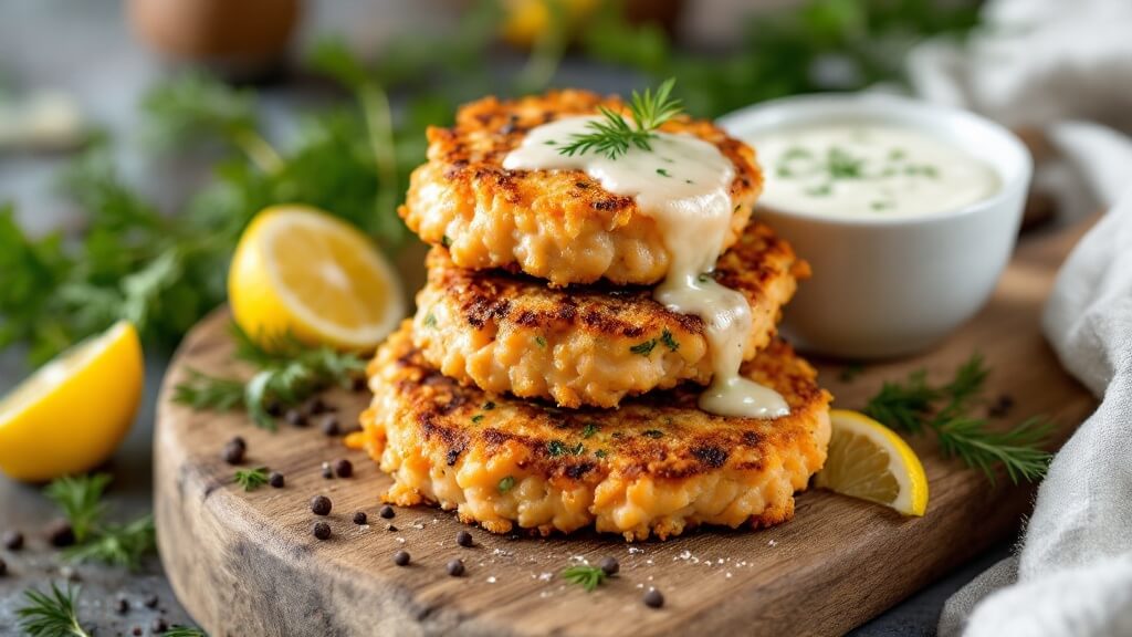 "golden-brown salmon patties on rustic wooden board with dill, lemon wedges, and creamy dill-lemon sauce, enhanced by natural lighting"