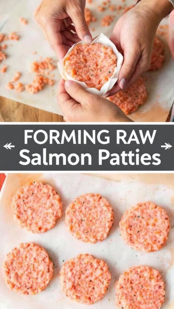 Hands shaping uniform raw salmon patties on parchment paper, with unused mixture in the background