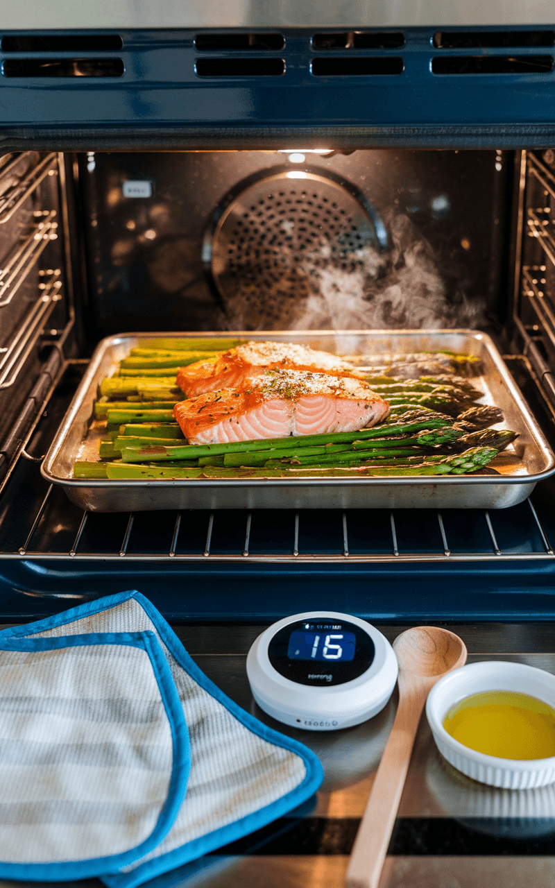 An open oven door revealing a steaming sheet pan with golden-brown salmon and vibrant green asparagus, with a kitchen timer in the foreground displaying 15 minutes.