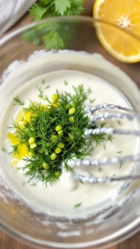 Small glass bowl containing creamy dill and lemon mayonnaise sauce being whisked together