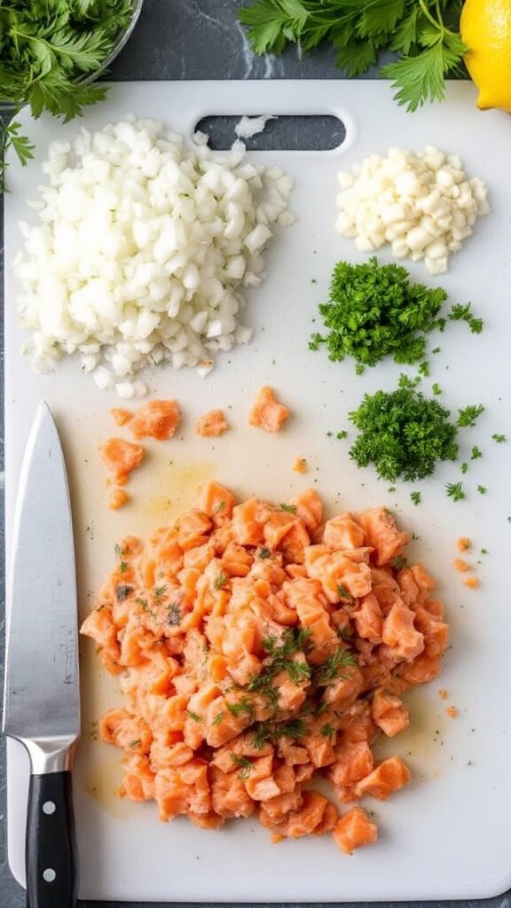 Chef's knife on cutting board with finely diced onions, minced garlic, and chopped parsley and dill, ready for mixing with salmon