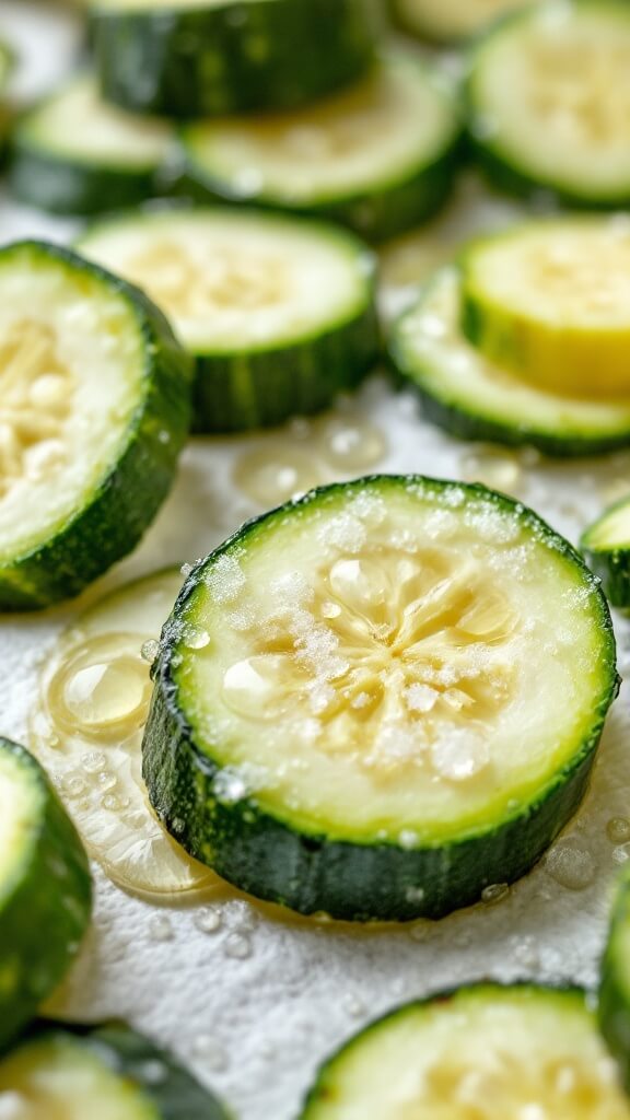 Salted zucchini rounds on paper towels with visible water droplets showing moisture extraction process