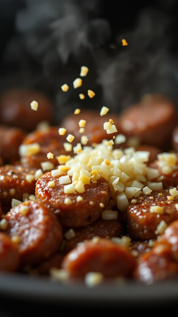 Diced onions and minced garlic being added to sizzling browned sausage in a pan, with rising steam
