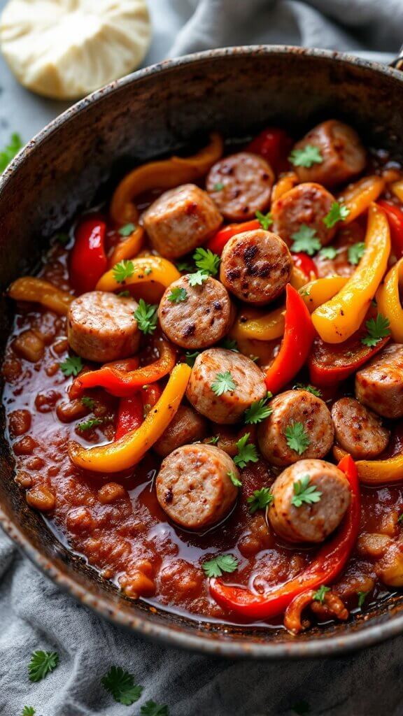 Final presentation of sausage and peppers in a rustic skillet with caramelized vegetables, juicy sausage pieces in thick sauce, garnished with fresh herbs