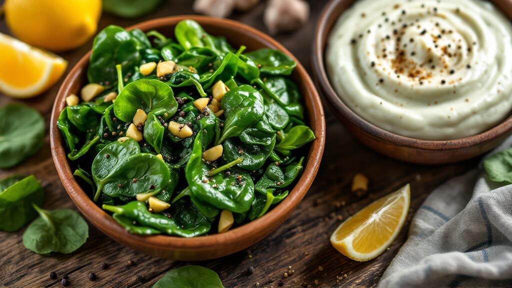 "rustic ceramic bowl of sautéed spinach with garlic and a bowl of creamed spinach with nutmeg on a wooden surface, garnished with black pepper, accompanied by a wedge of lemon and fresh spinach leaves. "