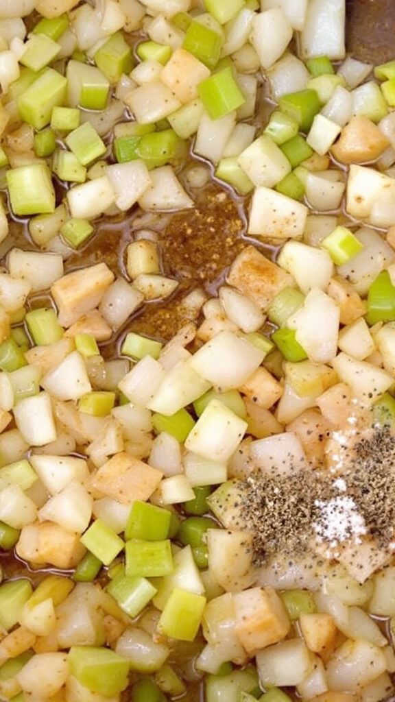 Close-up view of onions, celery, and garlic sautéeing in meat drippings with herbs and seasonings on the side