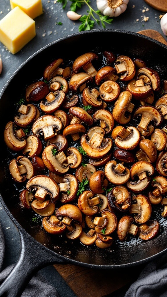 Sautéing mixed mushrooms in a cast iron pan with butter and fresh garlic