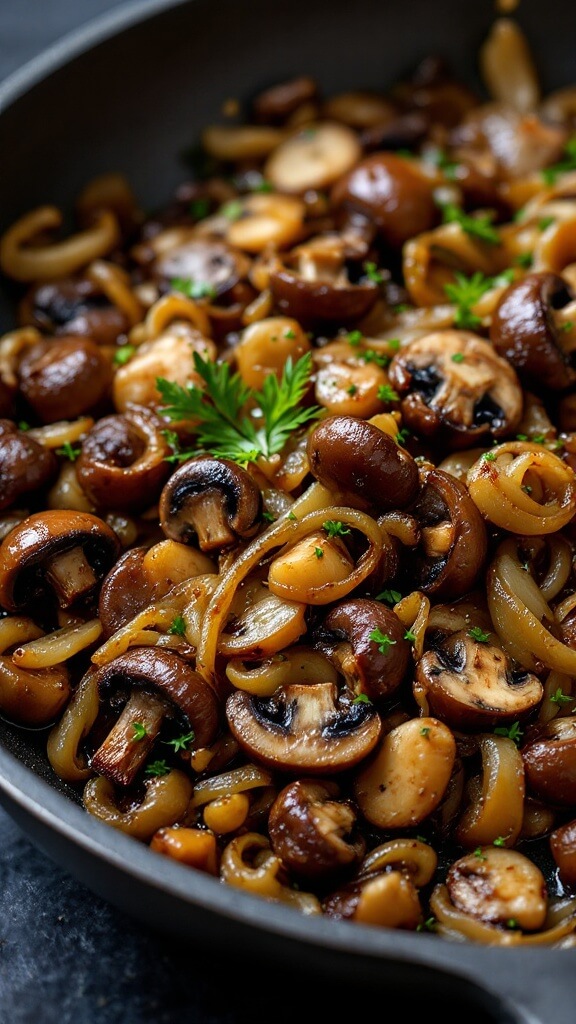 Mushroom Wellington Recipe: A Showstopping Vegetarian Main 5 Sautéed mixed mushrooms with caramelized onions in skillet, embellished with herbs and soy sauce reduction