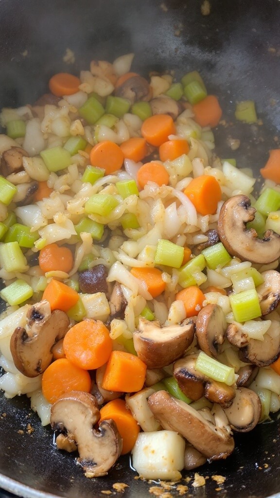 Sauté pan filled with caramelized onions, softened carrots, celery and browned mushrooms, emanating steam
