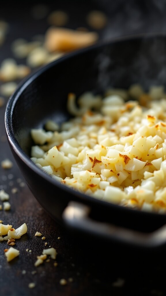 Diced onions sautéing in a black cast iron skillet with minced garlic ready to be added