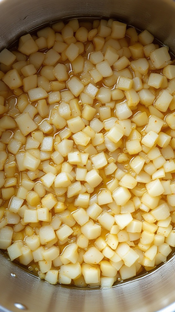 Diced onions sauteing in oil in a dutch oven, turning golden, with steam and bubbles rising
