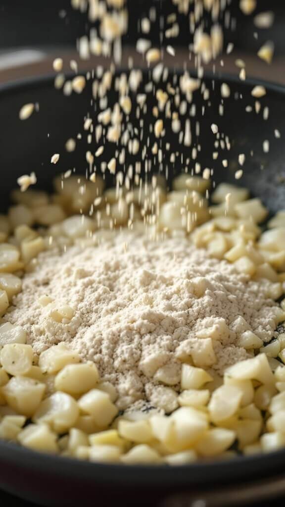 Diced onions and minced garlic sautéing in skillet with flour sprinkled on top