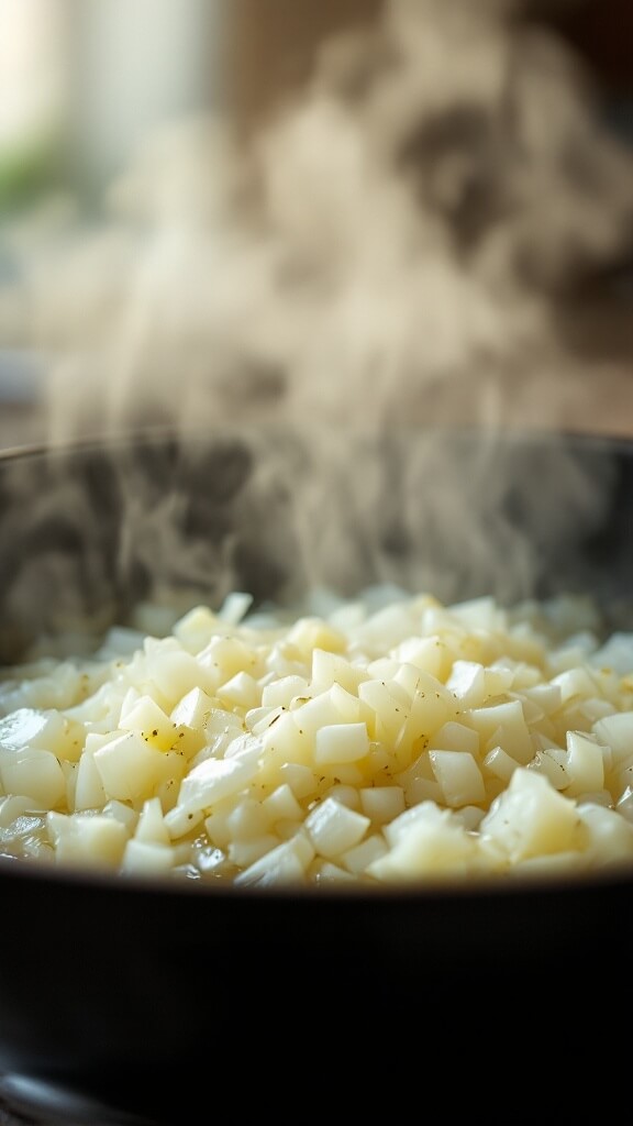 Diced onions cooking in skillet with butter and oil, minced garlic on the side, steam rising, viewed at a 45-degree angle