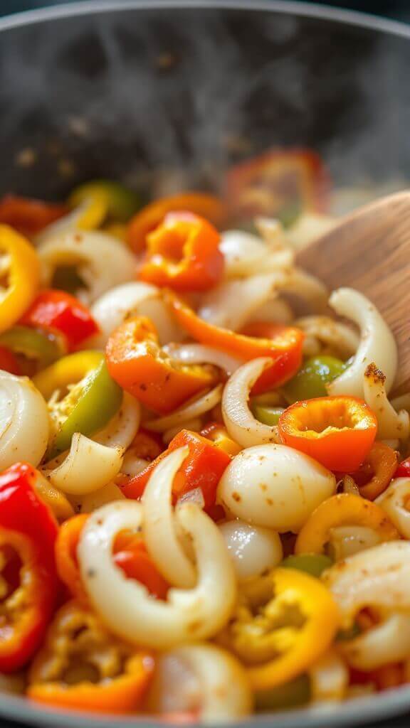 Sautéing colorful bell peppers and onion slices in a skillet, caramelizing with steam rising