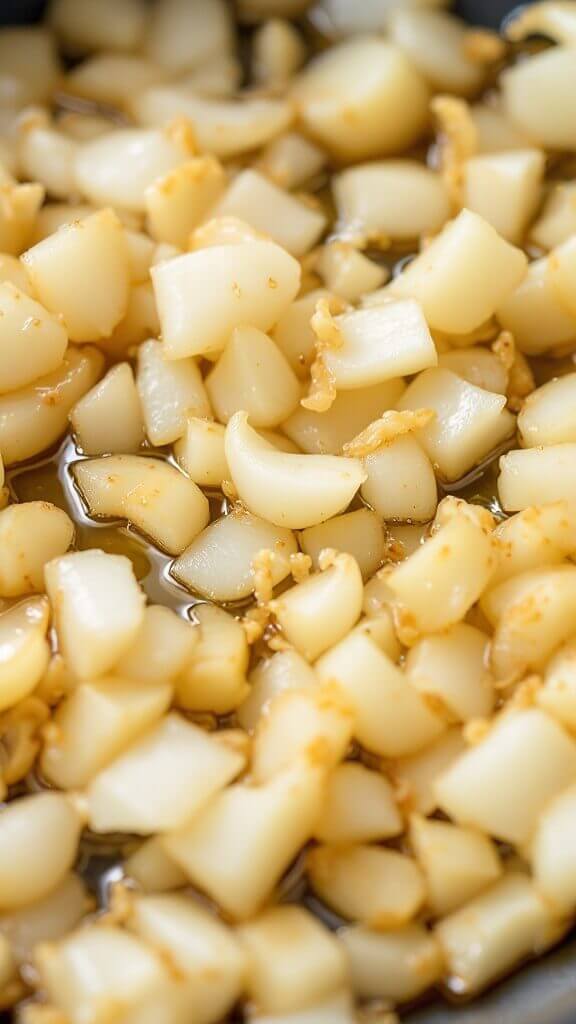 Diced onions sautéing in olive oil in a pan, signifying initial stage of caramelization