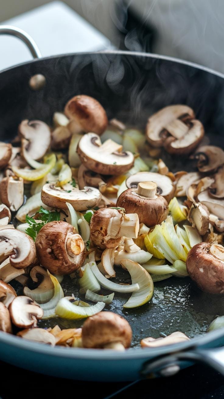 Close-up of mushrooms, onions, and garlic sautéing in a skillet with visible steam and browning.