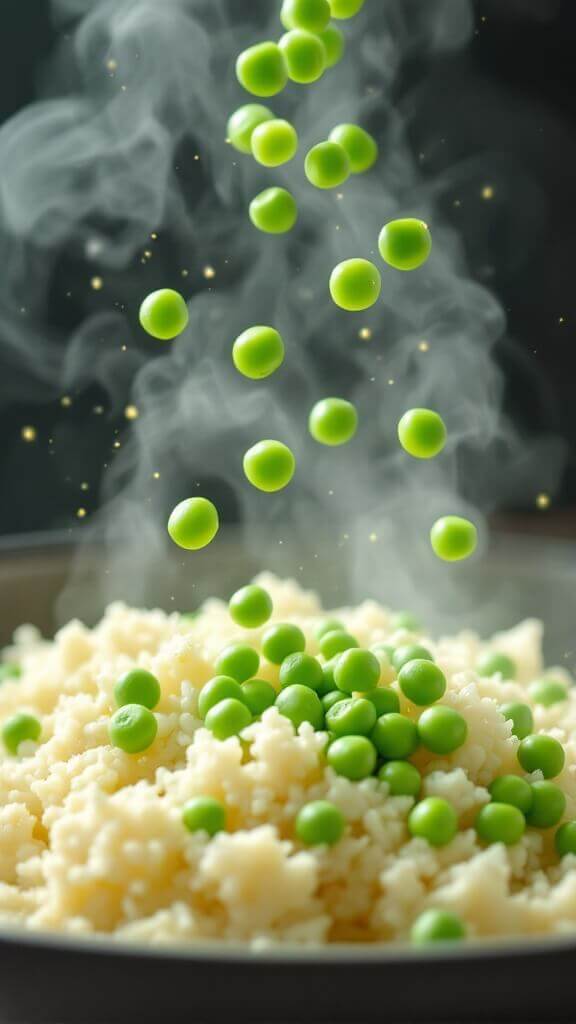 Perfect Cauliflower Fried Rice (Low-Carb, Ready In 25 Minutes) 7 Bright green peas scattering over steaming cauliflower rice in a close-up shot