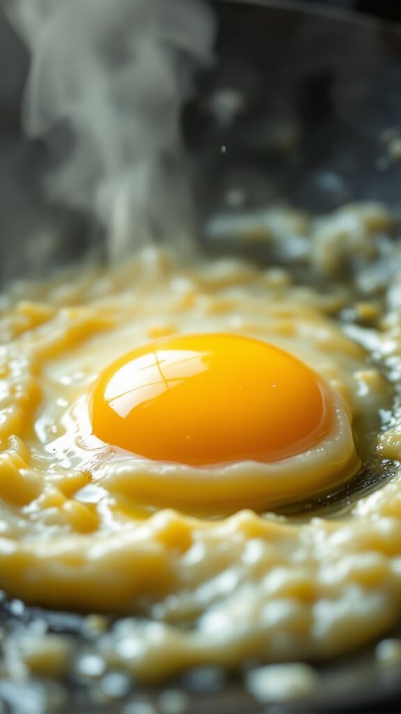 Perfect Cauliflower Fried Rice (Low-Carb, Ready In 25 Minutes) 4 Scrambling beaten eggs in a hot oiled wok, capturing the steamy moment when they achieve a silky, slightly wet texture